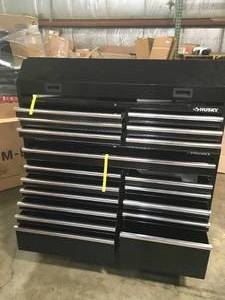 61 in. W x 18 in. D Standard Duty 18-Drawer Combination Rolling Tool Chest and Top Tool Cabinet Set in Black by Husky scratches present Customer Returns See Pictures