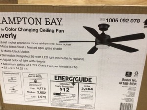 lot 35 image: Hampton Bay Averly 52 in. Integrated LED Matte Black Ceiling Fan with Light and Remote Control with Color Changing Technology