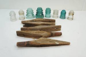 vintage glass telephone pole insulators, wood holders