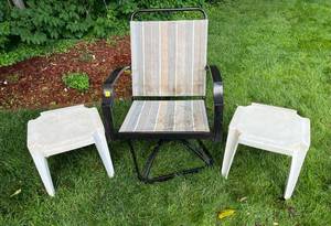 Metal And Fabric Lawn Chair (Swivels &amp Rocks) With Two Plastic Side Tables&nbsp ud