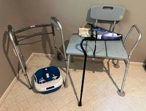 Group Including Shower Chair, Folding Walker, Deluxe Overdoor Cervical Traction Set, Cane And More d