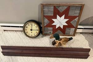 Group Including Clock, Shelf, Wood Framed Art Piece And Wood Duck d
