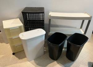 Large Group Of Misc. Including Plastic Shelves, Garbage Cans And More d