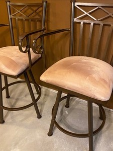 lot 62 image: Pair of Metal Barstools with Upholstered Swiveling Seats