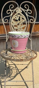 lot 114 image: Three Whimsical Metal Wire Planter Chairs with Planters