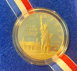 lot 209 image: 1986 One Dollar Liberty Ellis Island Coin- Proof