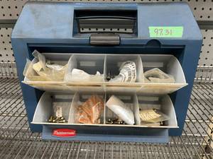 lot 11 image: Rubbermaid Storage Container Full of Small Engine Repair Parts