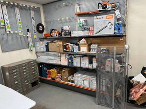 lot 166 image: Shelving Units - 2 4 Wall Sections with Extra Shelves, Side Pegboard Included