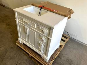lot 55 image: Home Decorators Collection Melpark 36 in. W x 22 in. D Bath Vanity in White with Cultured Marble Vanity Top in White with White Sink