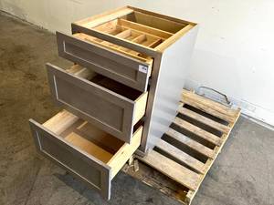 lot 61 image: Home Decorators Collection Navarre Suede Shaker Assembled Plywood 24 x 34.5 x 24 in. Stock Base Drawer Kitchen Cabinet 3 Soft Close Drawers