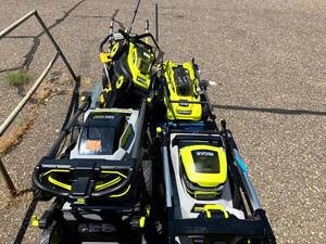 lot 96 image: Lot of 6 Battery Operated Mowers for Parts or Repair