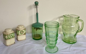 Vintage Green Depression Glassware and Pair of Vintage Salt and Pepper Shakers