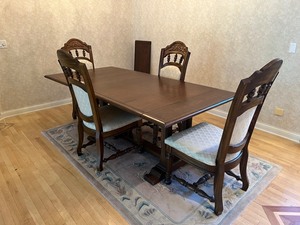 Vintage Solid Oak Dining Table & 4 Upholstered Chairs & 2 Leaves