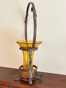 1920s Yellow Glass & Iron Vase
