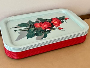 14 1950s Metal Serving Trays- Mint Green & Ruby Red w Rose Motif
