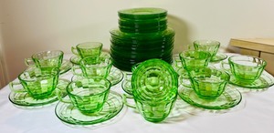 Vintage Green Uranium Depression Glass- Cups & Saucers, Dinner & Salad Plates