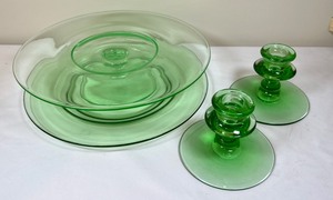 4pc Vintage Green Uranium Depression Glass- Platter, Cake Stand & Candleholders