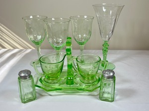 9pc Vintage Uranium Depression Glass- Wine Glasses, Cream Sugar Server & S&P Shakers