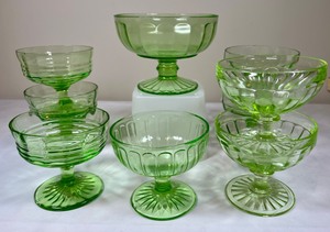 9 Vintage Green Uranium Depression Glass Sherbet Glasses