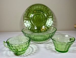 Vintage Green Uranium Depression Glass Plates, Serving Bowl & Tea Cups