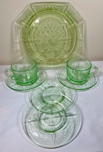 Vintage Green Uranium Depression Glass- Platter, Cups & Saucers