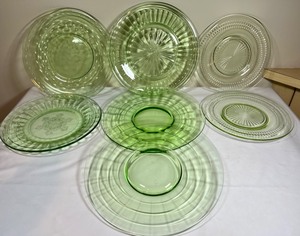 7 Vintage Green Uranium Depression Glass Plates