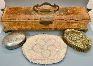 Antique Treasures- Velvet Keepsake Box, Silver Floral Brush, Toilet Soap Container & Walborg Purse.