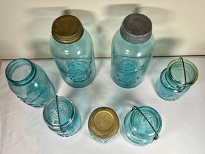 7 Antique Blue Ball & Atlas Glass Mason Jars in Various Sizes
