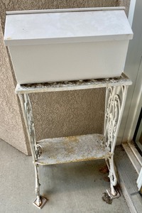 Vintage White Painted Cast Iron Patio Table w Attached Mailbox
