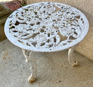 Vintage White Painted Cast Iron Accent Table w Floral Motif