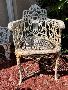Antique Painted White Cast Iron Arm Chair with Floral Motif