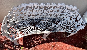 Antique Painted White Cast Iron Patio Garden Bench w Grape Vine Motif