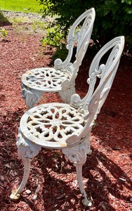 Pair Antique Painted White Cast Iron Garden Chairs