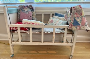 Vintage Painted Wood Doll Crib, Quilt, & Clothes