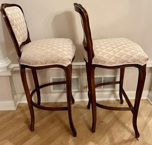 Gorgeous Antique Wood Upholstered Bar Counter Stools with Floral Motif