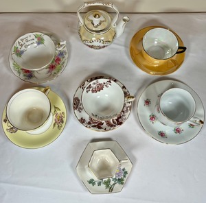 6 Vintage Porcelain Cups & Saucers & 1 Teapot- Kosen, Victoria, Taylor & Kent, FTD,