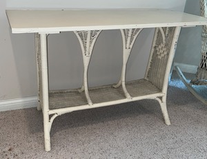 Vintage Painted White Wicker & Wood Console Table
