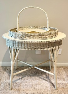 Vintage Painted White Wicker & Wood Round Table with Matching Trays