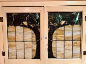Antique Painted Cabinet with Leaded Colored Slag Glass Doors