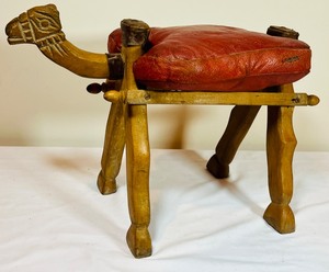 1930s Antique Wood Camel Footstool w Embossed Straw Filled Cushion