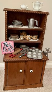 Antique Childs Wood Cabinet & Toy Play Dishes & China