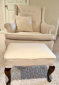 Cream Upholstered Arm Chair & Footrest