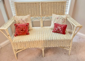 Vintage White Painted Wicker & Wood Bench & Throw Pillows
