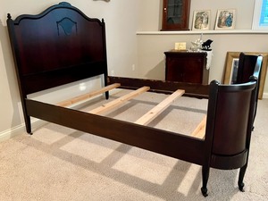 Beautiful 1920s Solid Wood Ornate Full Size Wraparound Bed on Casters