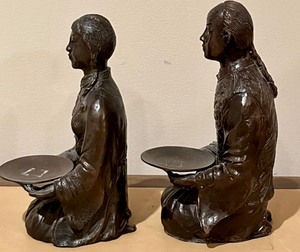 Pair Heavy Vintage Figural Bronze Candleholders