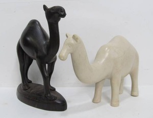 lot 36 image: 2 Vintage Carved Camel Statues - Hardwood & Stone 