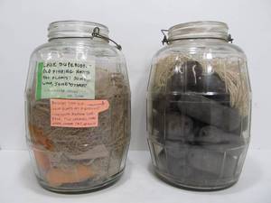 lot 43 image: 2 Large Vintage Glass Jars wOld Duluth Fishing Boat Items for Display