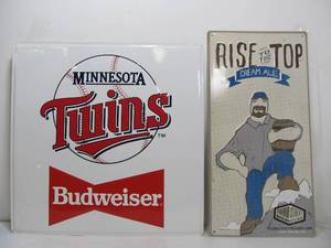 lot 77 image: 2 Metal Beer Signs - MN Twins Budweiser Sign
