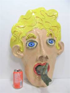 lot 10 image: Unusual LARGE Signed Folk Art Pottery Face Wall Sculpture by Terry Shipley