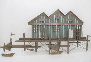 lot 183 image: Heavy Vintage Brass Wall Sculpture - Boathouse wDock & Boats